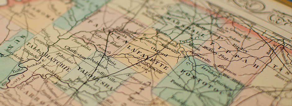 Map of the State of Mississippi, Focussed on Oxford.
